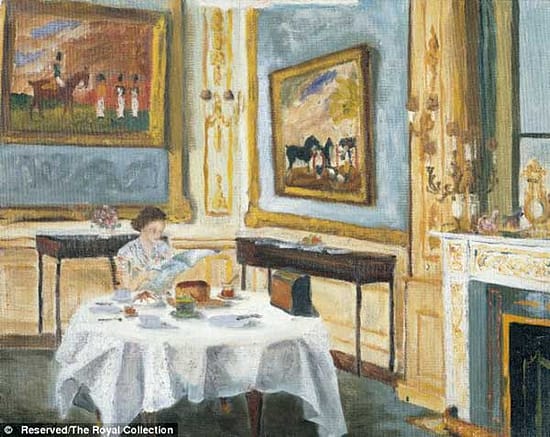 The Queen is shown at her breakfast table reading (one hopes) The Daily Mail  The Queen is shown at her breakfast table