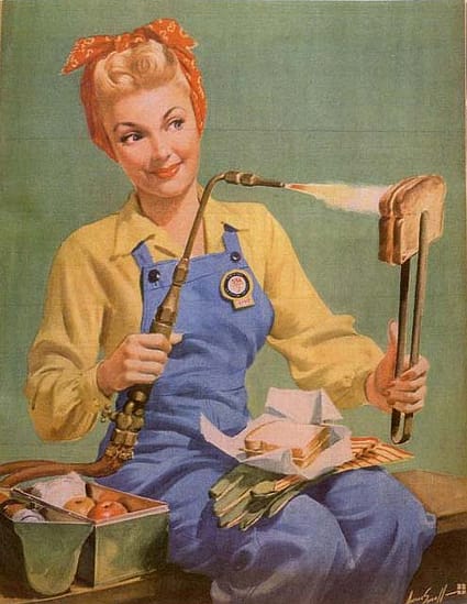 Girl toasting bread with a welding machine