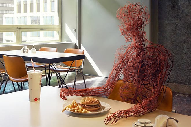 Human's cicualtory system in front of a burger and a coke